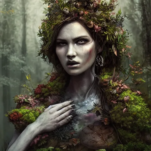 Image similar to high definition charcoal watercolor fantasy character art, hyper realistic, hyperrealism, elemental guardian of life, forest dryad, woody foliage, 8 k dop dof hdr fantasy character art, by aleski briclot and alexander'hollllow'fedosav and laura zalenga