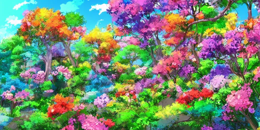 Image similar to a beautiful landscape of multi coloured flowers, trees and bushes. Anime style.