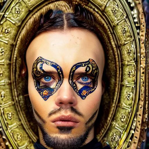 Image similar to an award finning closeup facial portrait by akseli kallen gallela luis royyo and john howe of a bohemian male cyberpunk traveller clothed in excessivelyg fashionable 8 0 s haute couture fashion and wearing ornate art nouveau body paint