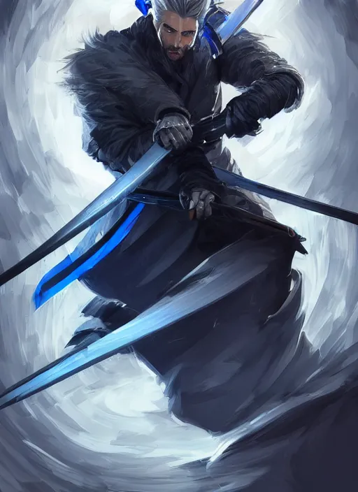 Image similar to a highly detailed illustration of fierce short slick back white haired man wearing dark blue coat, bright blue eyes, dramatic wielding katana pose, intricate, elegant, highly detailed, centered, digital painting, artstation, concept art, smooth, sharp focus, league of legends concept art, wlop