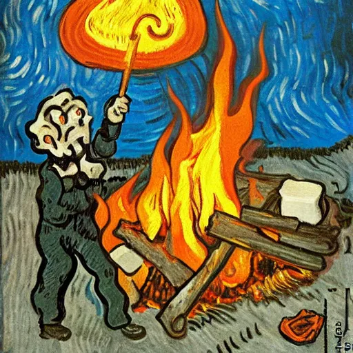 Prompt: painting of a man in hell making smores, bag of marshmallows, fire everywhere, by van gogh.