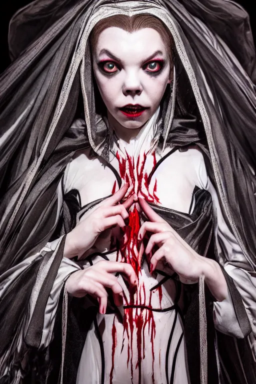 Image similar to dressed anya taylor - joy, a sinister demonic queen of cenobites, symmetrical, cinematic, elegant, demonic atmosphere, professional studio light, real dlsr photography, sharp focus, costume made by clive barker, real rotten flesh and blood, 4 k, ultra hd, sense of awe