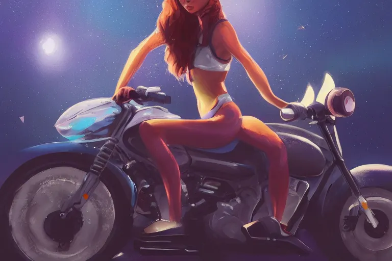 Image similar to a girl is riding a motorbike, digital painting, artstation, the space background,concept art, illustration,