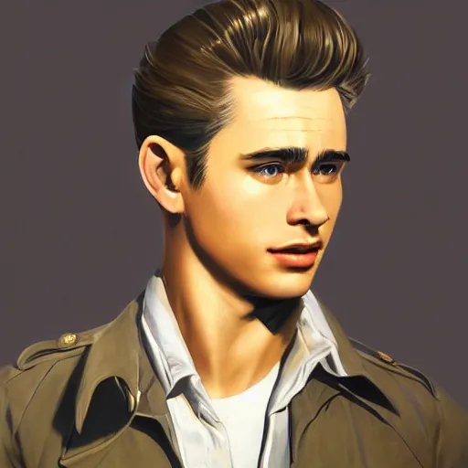 Image similar to a highly detailed epic cinematic concept art CG render digital painting artwork costume design: young James Dean as a neat perfect formal 1950s Soviet student in a school uniform. By Greg Rutkowski, Ilya Kuvshinov, WLOP, Stanley Artgerm Lau, Ruan Jia and Fenghua Zhong, trending on ArtStation, made in Maya, Blender and Photoshop, octane render, excellent composition, cinematic atmosphere, dynamic dramatic cinematic lighting, aesthetic, very inspirational, arthouse