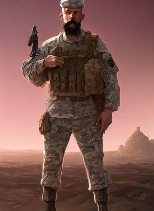 Image similar to purple scene lighting, detailed character portrait concept art, white male, strong muscular mature, soldier with beard, short hair, in a soldier uniform, desert with city in the background, sharp focus, illustration, highly detailed, digital painting, concept art, matte, art by wlop and artgerm and greg rutkowski, masterpiece