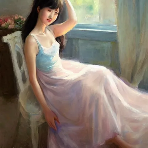 Image similar to Korean girl in nightgown, painting by Vladimir Volegov,