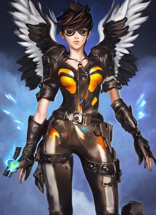 Prompt: full body oil painting of tracer overwatch, angel wings, dramatic painting, symmetrical composition, wearing detailed leather choker, black shiny armor, chains, detailed face and eyes,