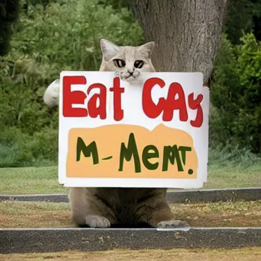 Prompt: A giant fat cat eating a colossal sign that says Eat Me.