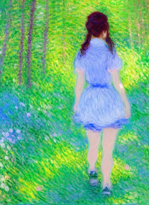 Image similar to an extremely cute girl hiking in a forest, very anime, trending artwork, 4 k, anime painter studio, an impressionist style by claude monet