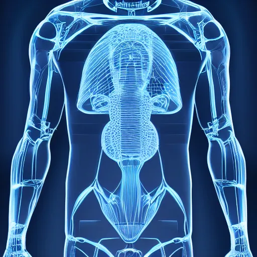 Image similar to detailed blueprint of a human on a hologram, sci-fi, futuristic, cgi