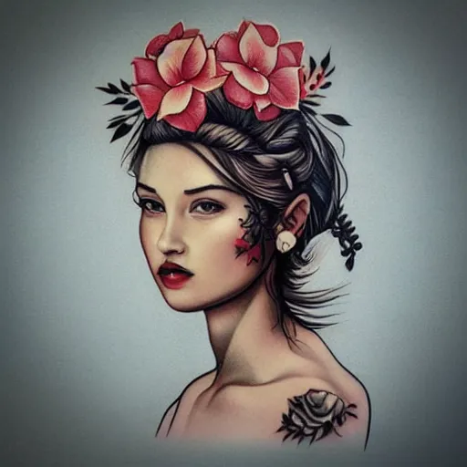 Image similar to tattoo design, stencil, traditional, beautiful portrait of a girl with flowers in her hair by artgerm, artgerm, digital art