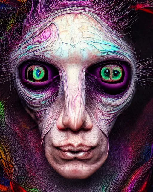 Image similar to realistic portrait of a creature experiment gone wrong, psychedelic, dark art, facing camera, photo realistic, detailed, 1 4 5 0, delicate, hyper realism, ultra realistic, 8 k