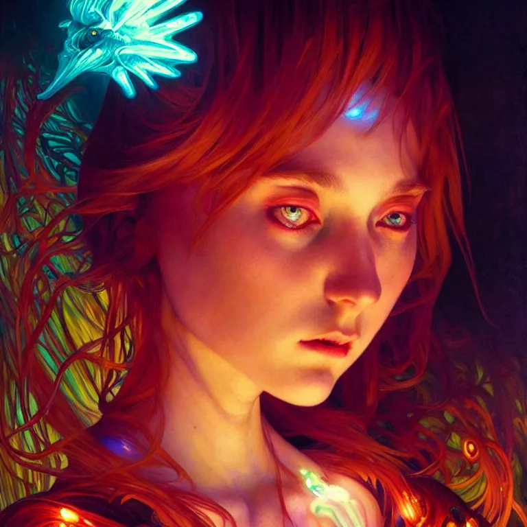 Image similar to bright asthetic portrait LSD glowing backlit, fantasy, intricate, elegant, dramatic lighting, highly detailed, lifelike, photorealistic, digital painting, artstation, illustration, concept art, smooth, sharp focus, art by John Collier and Albert Aublet and Krenz Cushart and Artem Demura and Alphonse Mucha