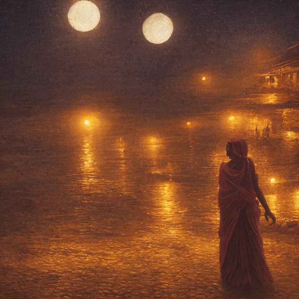 Prompt: young indian woman standing in a spice market at night by the ocean with the moon reflecting off the waves, masterful intricate artwork, high detail 8 k