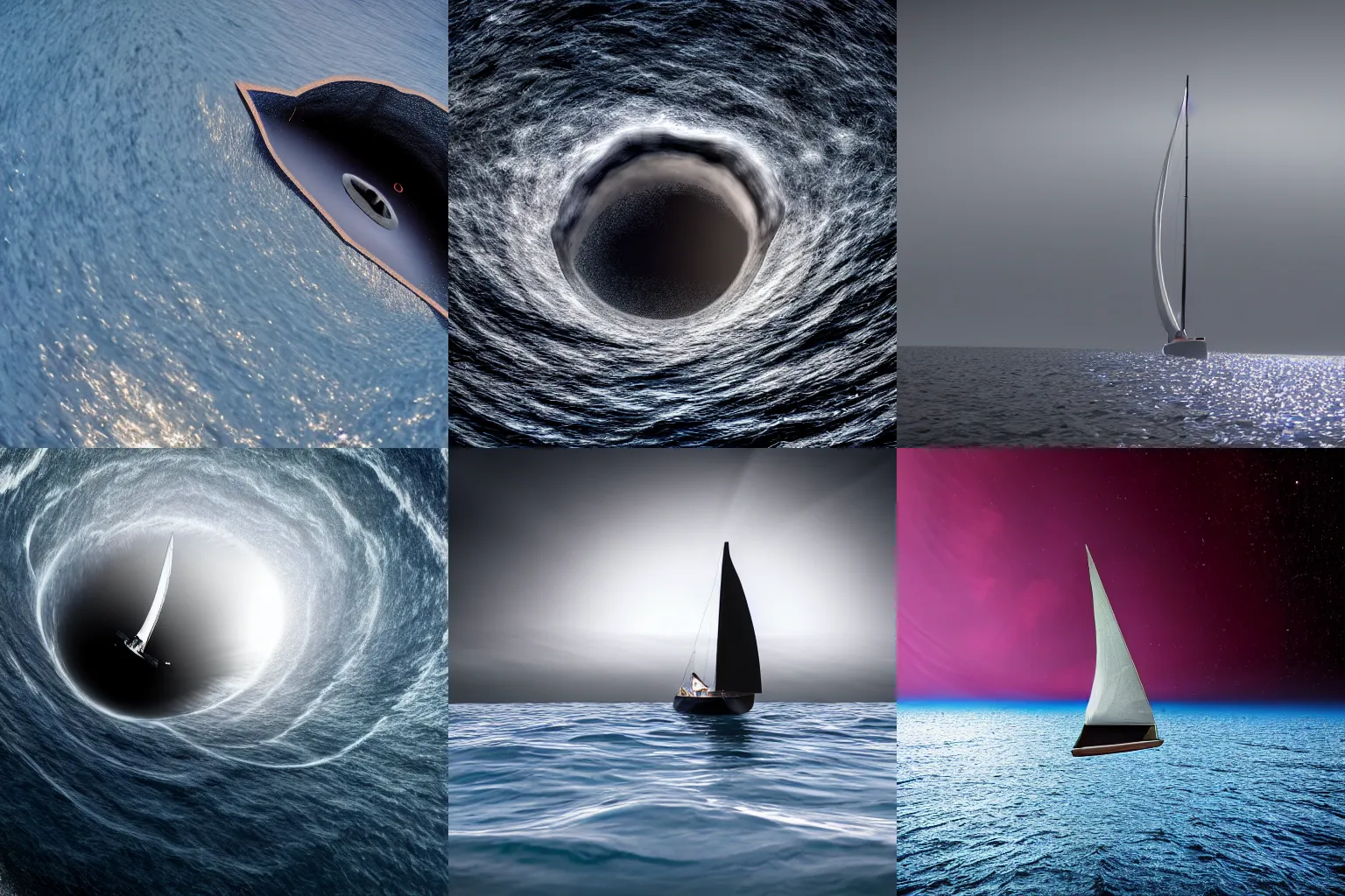 Prompt: a sailing boat falling into a black hole, HDR, 4K, 8K, ultra realistic, award winning, cinematrography, 70mm lens, still frame