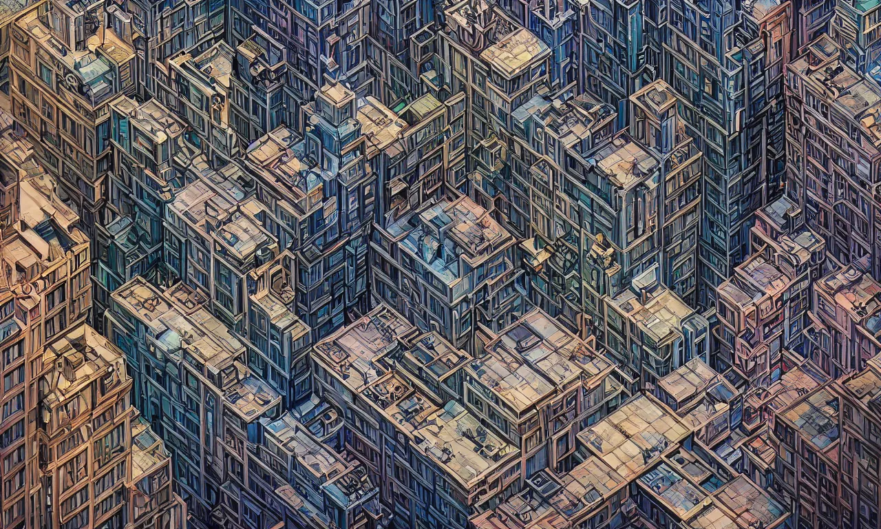 Image similar to A hyper real comic book style portait painting of downtown los angeles in the style of MC Escher, Maurits Cornelius Escher, unreal 5, hyperrealistic, octane render, cosplay, RPG portrait, dynamic lighting