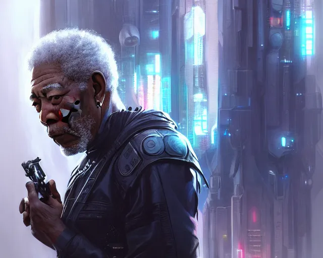 Image similar to morgan freeman with cyberpunk implants, deep focus, d & d, fantasy, intricate, elegant, highly detailed, digital painting, artstation, concept art, matte, sharp focus, illustration, hearthstone, art by artgerm and greg rutkowski and alphonse mucha