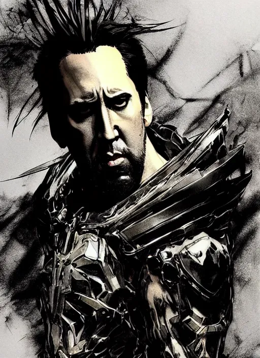 Prompt: Full body portrait of giant Nicholas Cage with a giant black blade. In style of Yoji Shinkawa and Hyung-tae Kim, trending on ArtStation, dark fantasy, great composition, concept art, highly detailed, dynamic pose.