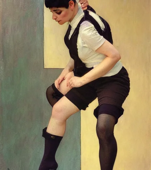 Image similar to a woman with black hair pixie cut in shorts with suspenders drawn by gustave caillebotte, norman rockwell, frank frazetta, peter paul rubens, alphonse mucha, gustav klimt 4k, unreal 5, DAZ, french noveau, trending on artstation, octane render, hyperrealistic