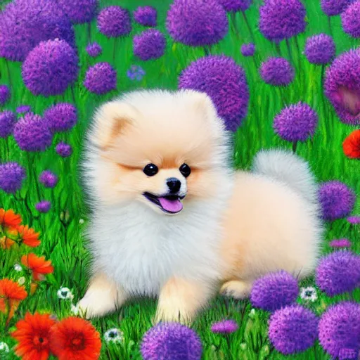 Image similar to cute fluffy pomeranian puppy sitting in flower meadow landscape detailed painting 4 k