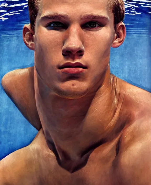 Image similar to portrait of a handsome young swedish swimmer, art by denys tsiperko and bogdan rezunenko, hyperrealism