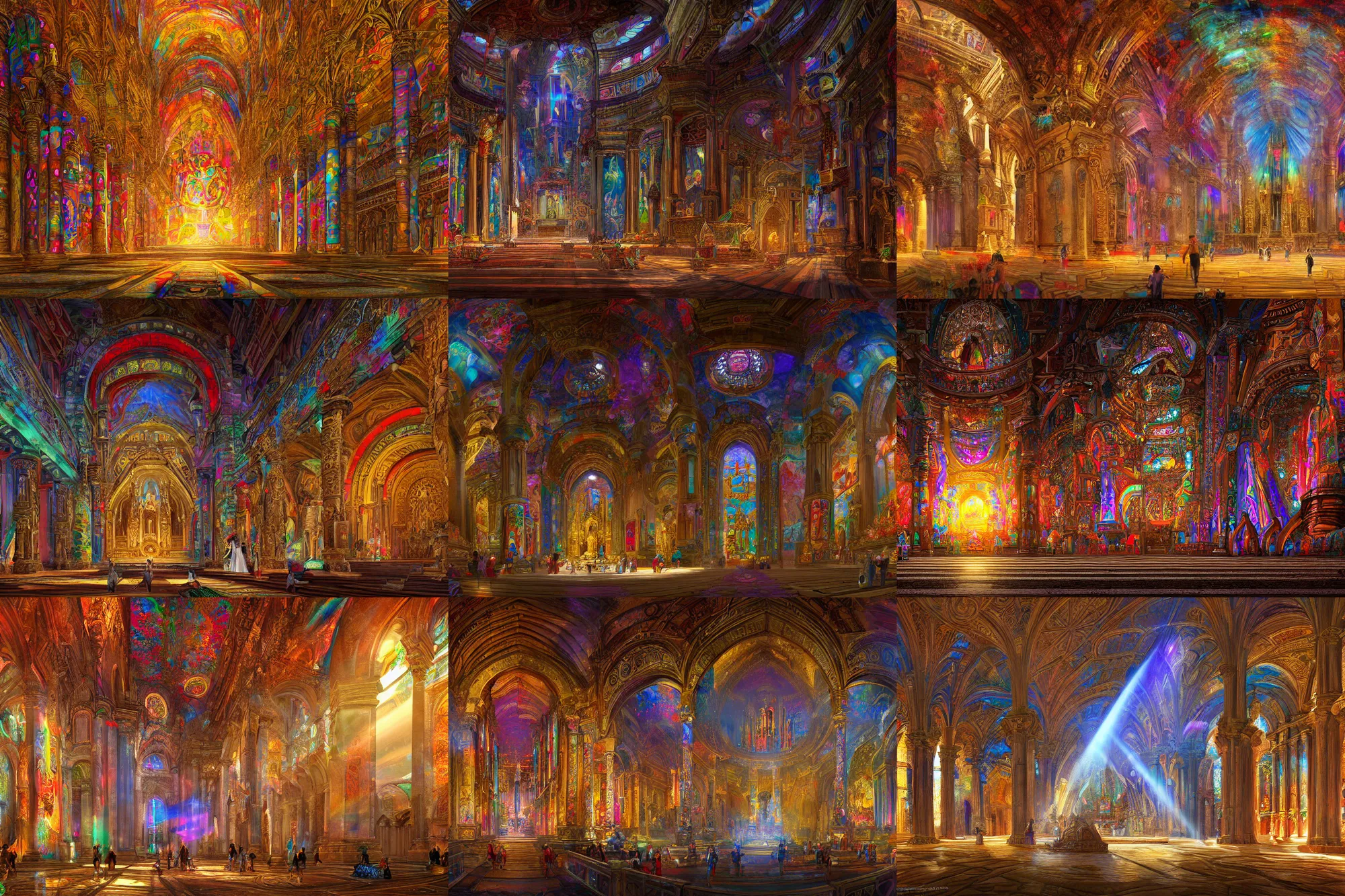 Prompt: wide-angle high-res rendering of the inside of an ancient cathedral with light shining through colorful murals, intricate, elegant, highly detailed, sunrays, digital painting, trending on Artstation, concept art, smooth, sharp focus, illustration, 8K