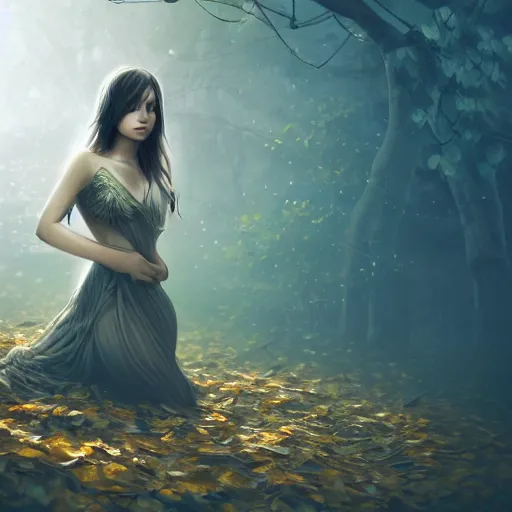 Image similar to a highly detailed digital image of a young woman surrounded and engulfed in leaves, matte background, artstation, detailed woman, stunning volumetric lighting, elegant, fantasy, 4k