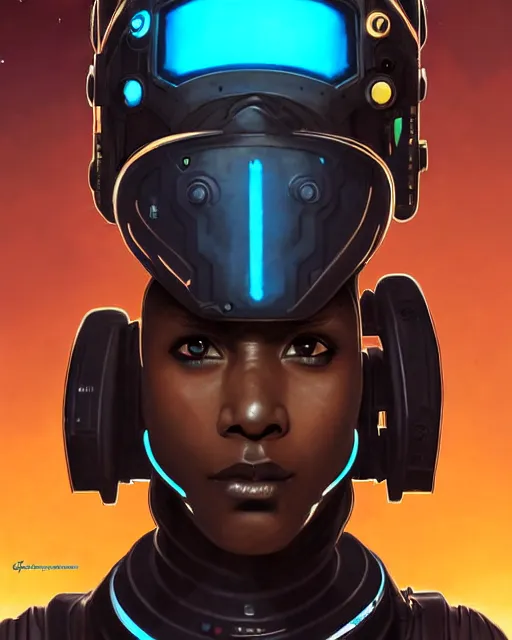 Image similar to sojourn from overwatch, african canadian, gray dread locks, gray hair, teal silver red, cyber eyes, character portrait, portrait, close up, concept art, intricate details, highly detailed, vintage sci - fi poster, retro future, vintage sci - fi art, in the style of chris foss, rodger dean, moebius, michael whelan, and gustave dore