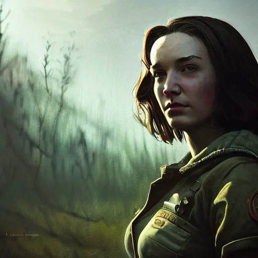 Image similar to fallout 5, charismatic brunette female protagonist, portrait, outdoors scene, somewhere in a low density rural town, atmospheric lighting, painted, intricate, volumetric lighting, beautiful, daytime, sunny weather, slight overcast, sharp focus, deep colours, ultra detailed, by leesha hannigan, ross tran, thierry doizon, kai carpenter, ignacio fernandez rios