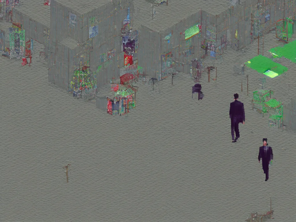 Prompt: glitchy corrupt jpeg of a man walking in PS1 game city