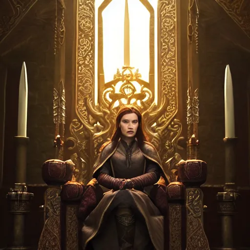 Image similar to the elder scrolls vi, charismatic regal brunette female jarl, portrait, throne room, atmospheric lighting, painted, intricate, volumetric lighting, beautiful, daytime, sunny weather, slight overcast, sharp focus, deep colours, ultra detailed, by leesha hannigan, ross tran, thierry doizon, kai carpenter, ignacio fernandez rios