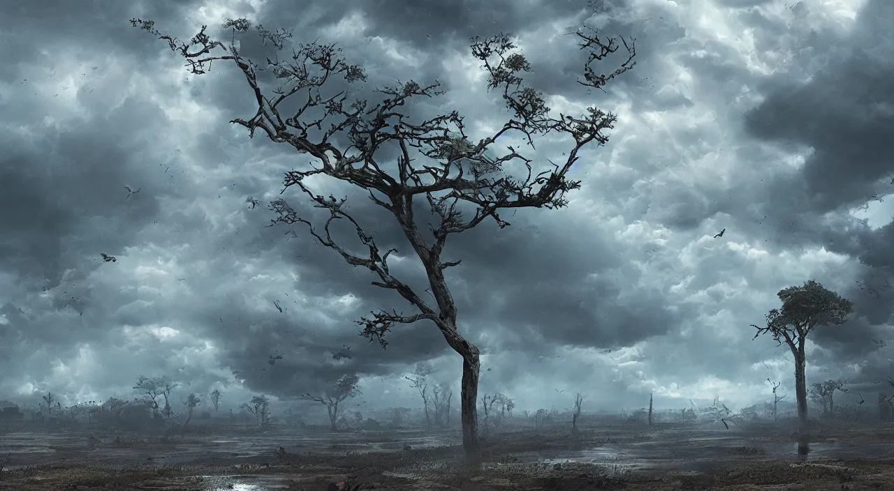 Prompt: The last rain on earth, hyper detailed photorealistic, dramatic lighting, global warming, blue sky