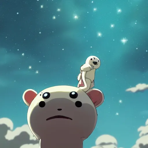 Image similar to terrified baby harp seal astronauts floating into deep space, stars in the background, scary, atey ghailan, goro fujita, studio ghibli, dark lighting, clear focus, very coherent,