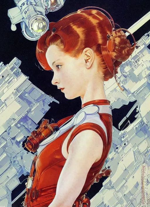 Image similar to a copic maker art nouveau portrait of a russian girl finely detailed features wearing an evangelion pilot suit designed by balenciaga by john berkey, norman rockwell akihiko yoshida