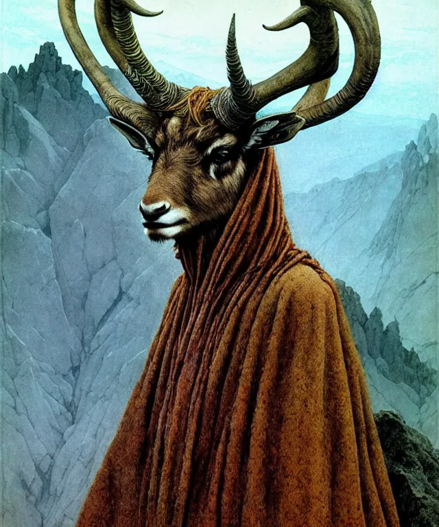 Image similar to A detailed horned antelopewoman stands among the mountains. Wearing a ripped mantle, robe, many rings. Extremely high details, realistic, fantasy art, solo, masterpiece, art by Zdzisław Beksiński, Arthur Rackham, Dariusz Zawadzki