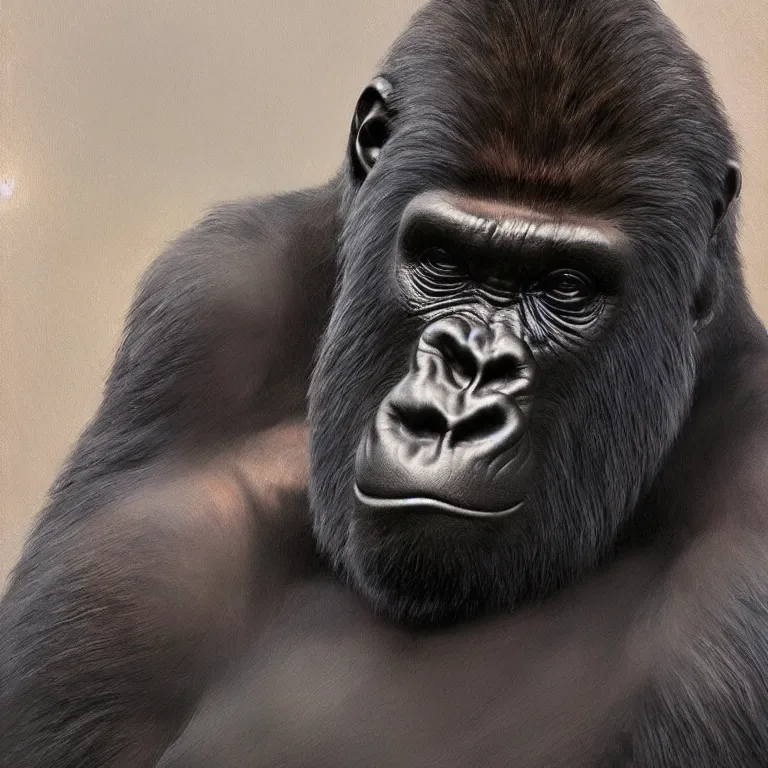 Image similar to a highly detailed character portrait of a serious gorilla wearing a black suit, intricate, wild, digital painting, artstation, concept art, smooth, sharp focus, illustration, art by artgerm and greg rutkowski and alphonse mucha