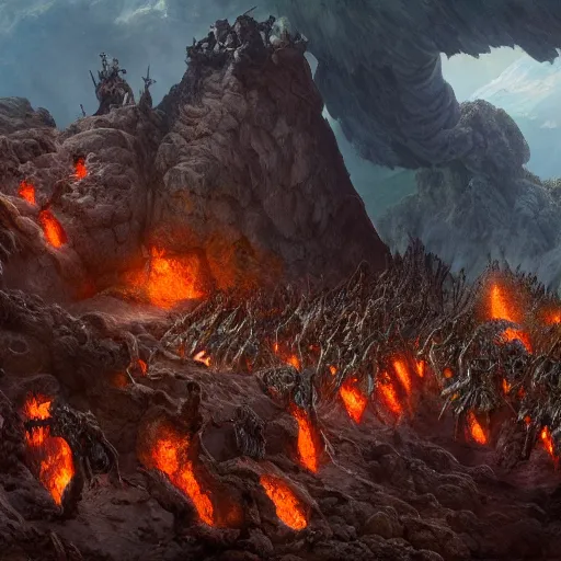 Prompt: an army of muppets flying out of a volcano with flag bearers and trumpeters, intricate detail, royo, vallejo, frazetta, giger, whealan, hd, unreal engine,