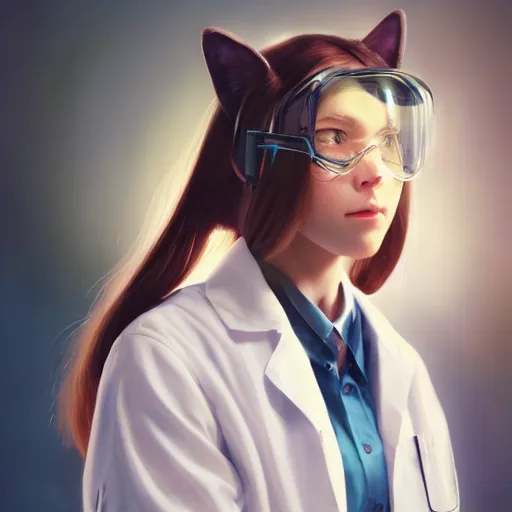 Image similar to girl with cat ears wearing a labcoat in a biology lab, microscope on the table, expressive oil painting, matte art, trending on artstation, sunlit, octane render, brushstrokes, beautiful face portrait, beautiful lighting