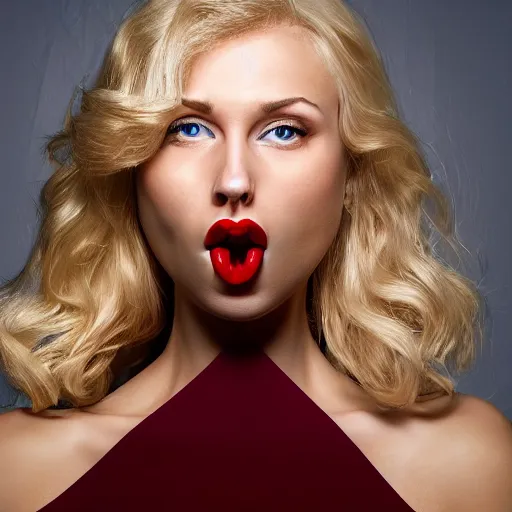 Prompt: a photo of a hyperrealistic lusty blonde woman with lucious red lips opening her mouth and sticking out her tongue photorealism