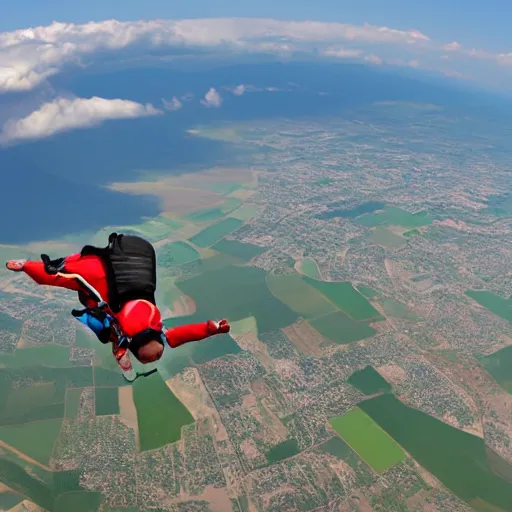 Image similar to skydiving weiner dog high resolution photography 8 k