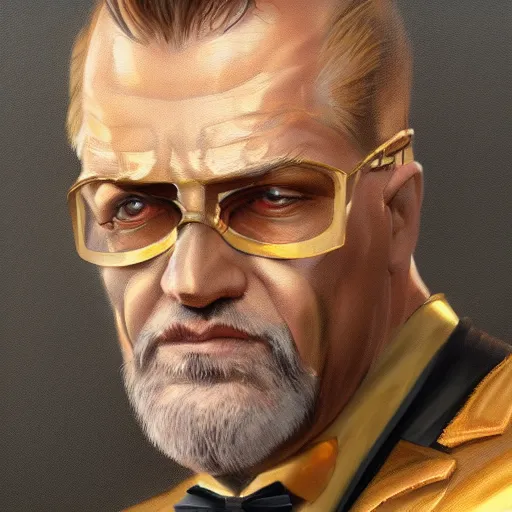 Image similar to a painted portrait of a middle-aged man in a golden suit, D&D, sci-fi, elegant, hopeful, muscular, highly detailed, digital painting, artstation, concept art, smooth, sharp focus, illustration