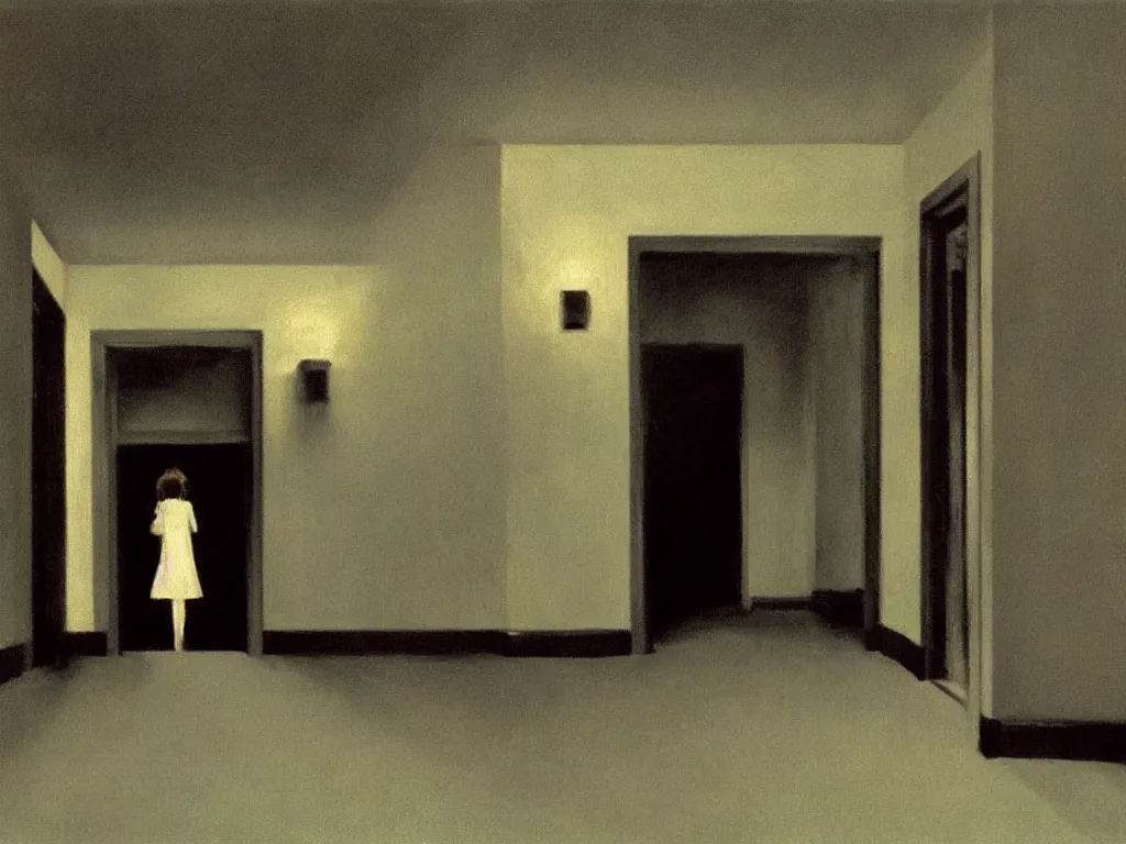 Image similar to the shinning hotel hallway, 70s, americana, dim, dark, lone scary silhouette in the distance, ultra view angle view, realistic detailed painting by edward hopper