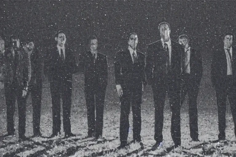 Image similar to 8 mm film still, blurry, grainy, liminal, unsettling, group of tall men in suits in a field at night, rain, flash on, dark midnight