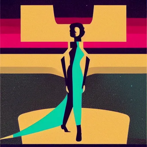 Image similar to “ femme on a galactic shore, noir, solid shapes, geometric art deco, teal palette, plain, no fine details, isaac asimov ”