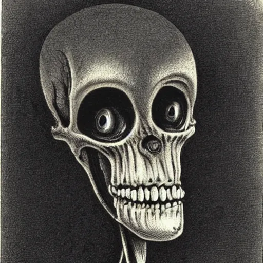 Prompt: humanoid with crooked teeth, two black eyes, long open black mouth, alien looking, big forehead, horrifying, killer, creepy, dead, slightly realistic, long neck, boney, monster, tall, skinny, skullish, deathly, in the style of alfred kubin