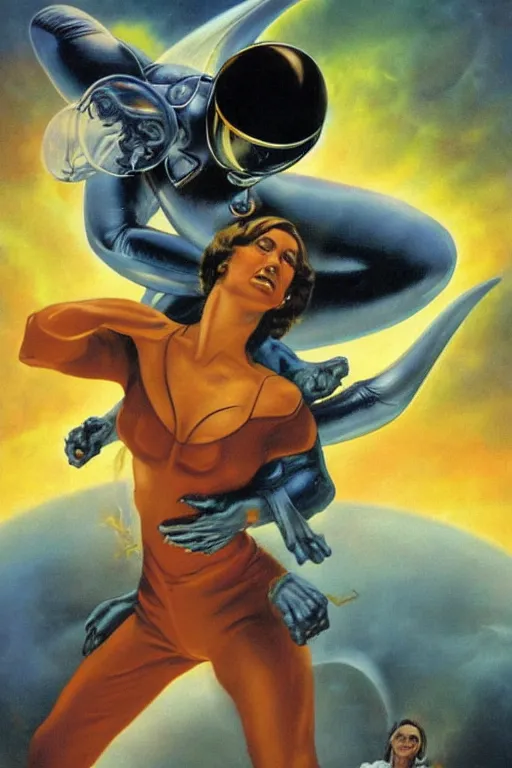 Image similar to Boris Vallejo art of a beautiful female cosmonaut fighting an alien.