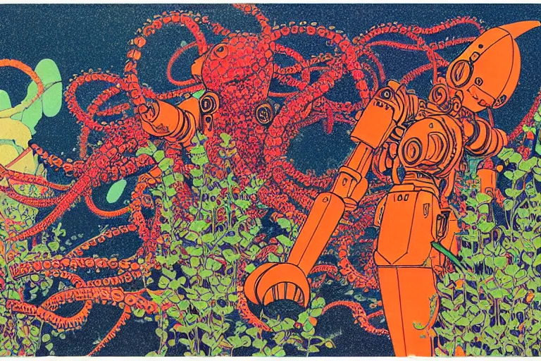 Image similar to risograph grainy drawing vintage sci - fi, satoshi kon color palette, gigantic gundam full - body covered with iridescent worms and plants 1 9 6 0, kodak, with lot tentacles and exotic flowers, natural colors, codex seraphinianus painting by moebius and satoshi kon and dirk dzimirsky