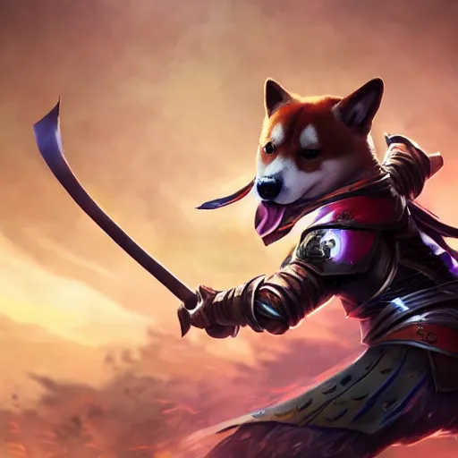 Prompt: shiba inu samurai warrior as a league of legends character, michael maurino, alex flores, paul kwon, cinematic, highly detailed, concept art, 3 d cgi, dramatic lighting, focus, smooth, heroic, hyper realistic background, in the style of league of legends, lol