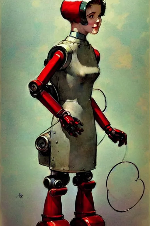 Image similar to adventurer ( ( ( ( ( 1 9 5 0 s retro future android robot maid. muted colors. ) ) ) ) ) by jean baptiste monge!!!!!!!!!!!!!!!!!!!!!!!!! chrome red