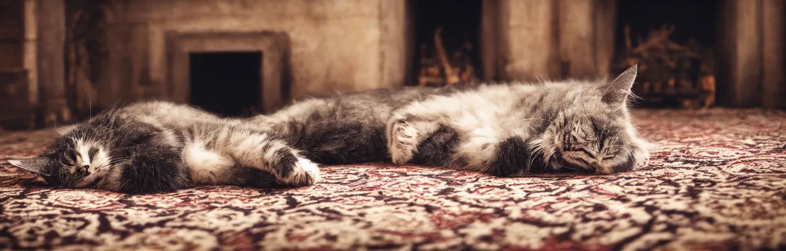 Prompt: a beautiful hairy cat sleeping next to a skull on an old carpet next to a fireplace, 4K, photorealistic, cinematic, moody fireplace lighting, UHD, HDR